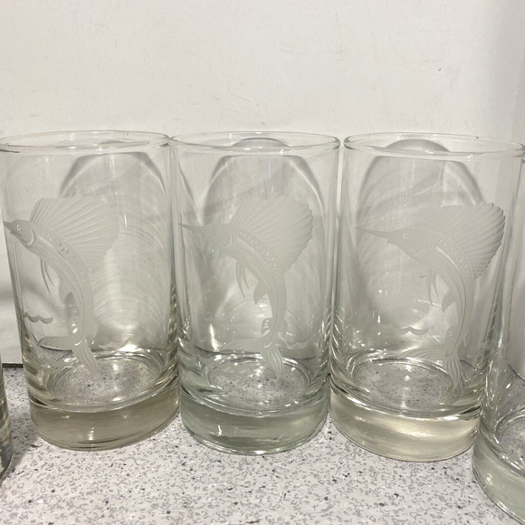 Vintage Cocktail Glasses Game Fish Swordfish Sport Fishing Barware Set of 5 - Picture 6 of 8
